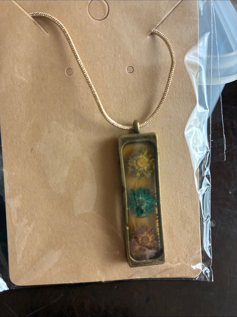 Pressed Flower Rectangular Pendant Necklace in Gold Tone